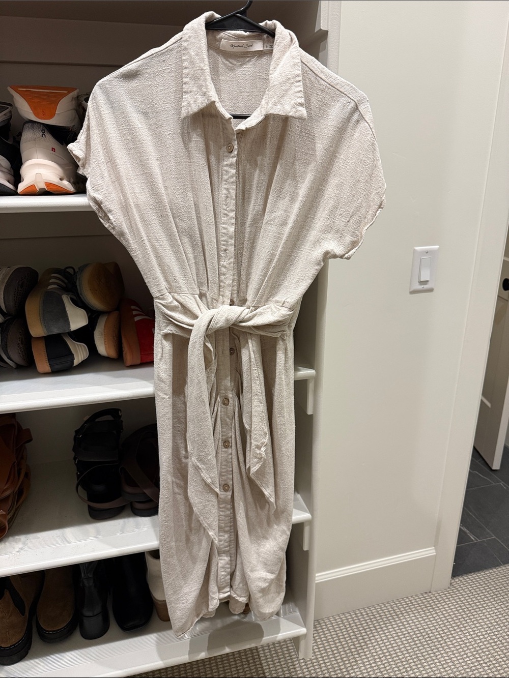 Mustard Seed Light Beige Button-Front Tie-Waist Midi Dress